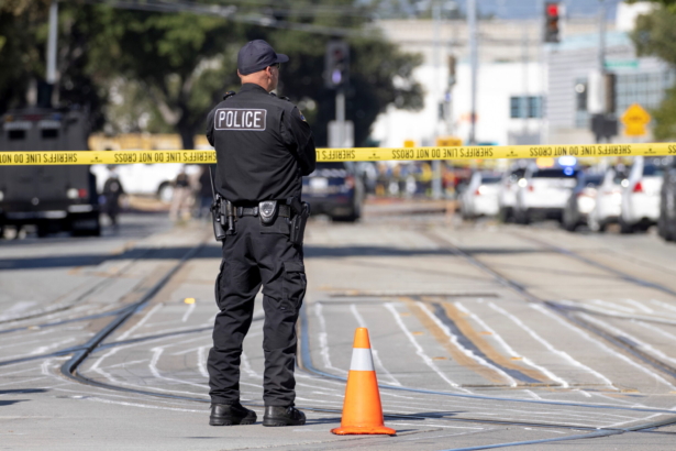 Police secure the scene of a mass shooting at a rail yard run by the Santa Clara Valley Transportation Authority in San Jose, Calif., on May 26, 2021. (Peter DaSilva/Reuters)