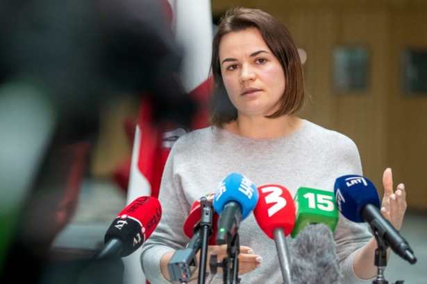 Belarusian opposition leader Sviatlana Tsikhanouskaya speaks during her news conference in Vilnius, Lithuania, on May 23, 2021. (Mindaugas Kulbis/AP Photo)