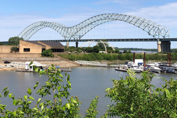 A crack in a steel beam, found the day before, has forced the closure of the Interstate 40 bridge that connects Arkansas and Tennessee, in Memphis, Tenn., on May 12, 2021. (Adrian Sainz/AP Photo)