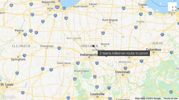 Two high school students die in a car crash on their way to the prom in Arcadia, Ind., on May 2, 2021. (Google Maps)
