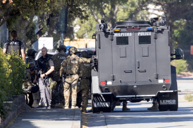 Police secure the scene of a mass shooting at a rail yard run by the Santa Clara Valley Transportation Authority in San Jose, Calif., on May 26, 2021. (Peter DaSilva/Reuters)