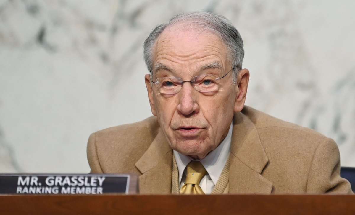 Ranking Member Chuck Grassley, (R-Iowa), speaks as FBI Director Christopher Wray testifies before the Senate Judiciary Committee on the Jan. 6 breach of the Capitol, in the Hart Senate Office Building on Capitol Hill in Washington on March 2, 2021. (Mandel Ngan/POOL/AFP via Getty Images)
