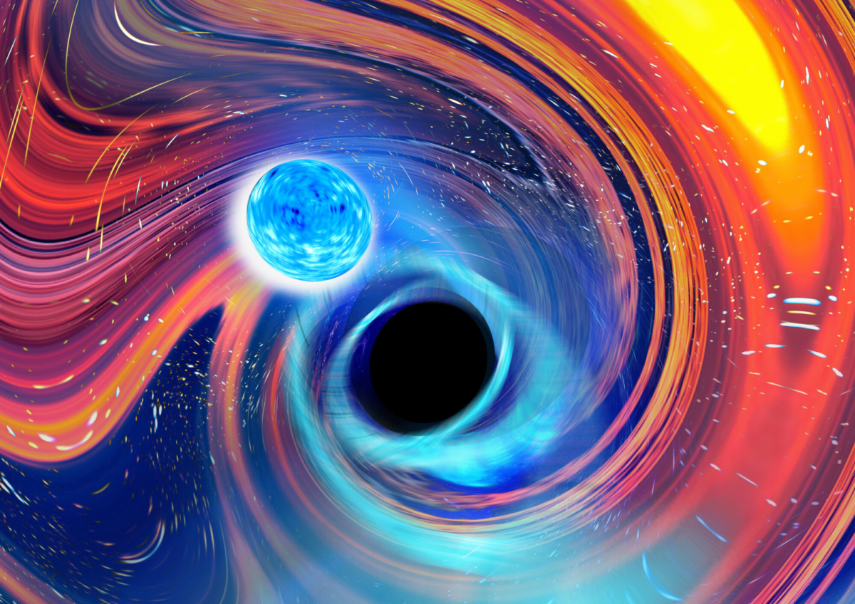 This illustration depicts a black hole swallowing a neutron star. (Carl Knox/OzGrav/Swinburne University Australia via AP)