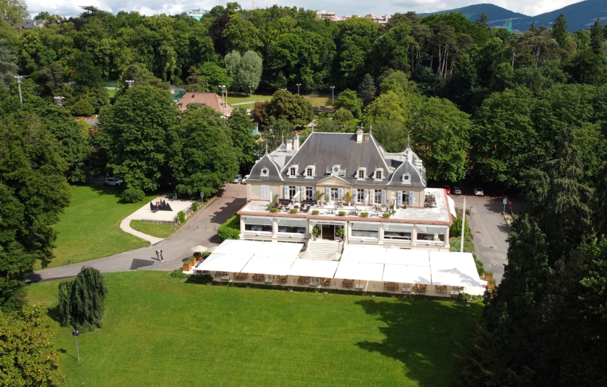 This picture taken with a drone shows the Hotel Restaurant des Aux-Vives is pictured in the Eaux-Vives Parc next to La Grange ahead of the June 16 summit between U.S. President Joe Biden and Russian President Vladimir Putin in Geneva, Switzerland, on June 8, 2021. (Denis Balibouse/Reuters)