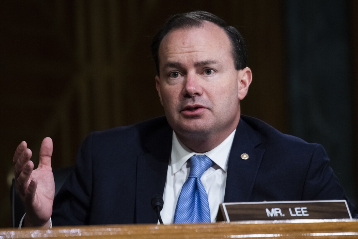 Sen. Mike Lee (R-Utah) asks a question during the Senate Judiciary Committee hearing titled “Police Use of Force and Community Relations,” in Dirksen Senate Office Building in Washington, D.C., on June 16, 2020. (Tom Williams/CQ Roll Call/POOL)