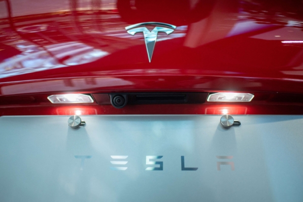 The back of a Tesla car Model 3 is seen at a Tesla shop inside of a shopping mall in Beijing, China on May 26, 2021. (Nicolas Asfouri/AFP via Getty Images)
