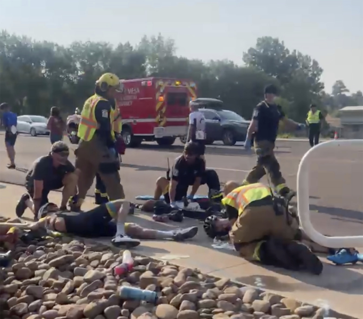 The aftermath of a truck ramming into a crowd of bikers on Saturday, June 19, 2021, in Show Low, Ariz. (Tony Quinones via AP)