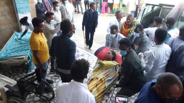 A woman is taken to Ayder Referral Hospital, in Mekelle, after an airstrike in Togoga, Ethiopia's Tigray region, on June 22, 2021. (Tigray Guardians 24 via Reuters)