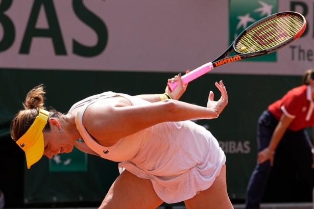Russia's Anastasia Pavlyuchenkova reacts as she plays Czech Republic's Barbora Krejcikova during their final match of the French Open tennis tournament at the Roland Garros stadium in Paris, France, on June 12, 2021. (Michel Euler/AP Photo)