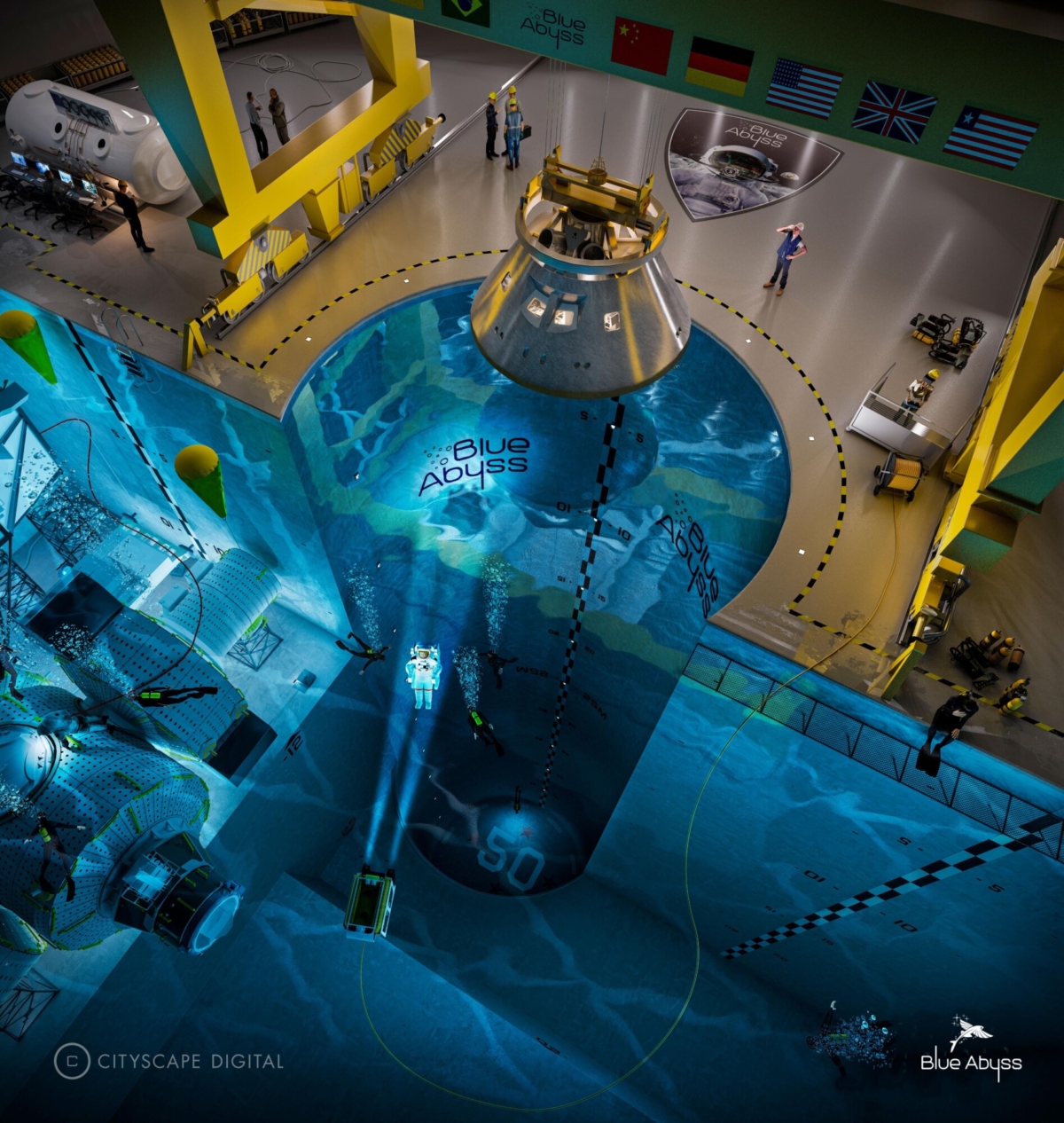 Blue Abyss pool, the 164-foot deep, £150 million ($211 million) pool, pictured here in a rendered image, is set to open in 2023, in the United Kingdom. (Courtesy Cityscape Digital)