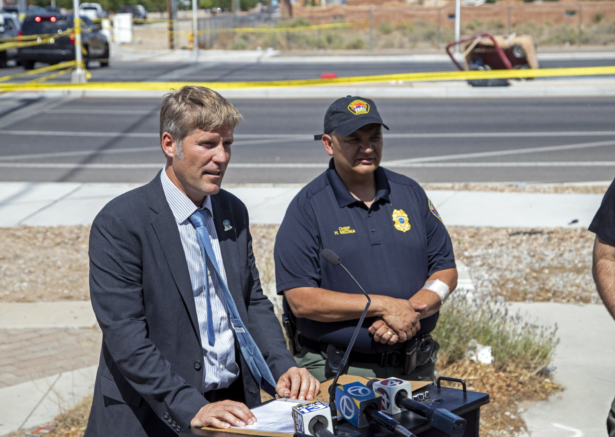 Albuquerque Mayor Tim Keller (L) and Police Chief Harold Medina hold a news conference in Albuquerque, N.M., on June 26, 2021. (Andres Leighton/AP Photo)