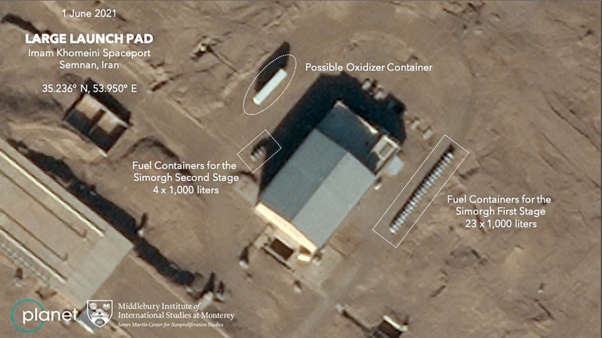 This satellite image shows preparation at the Imam Khomeini Spaceport in Iran's Semnan province before what experts believe was the launch of a satellite-carrying rocket, Iran, on June 1, 2021. (Planet Labs Inc., James Martin Center for Nonproliferation Studies at Middlebury Institute of International Studies via AP)