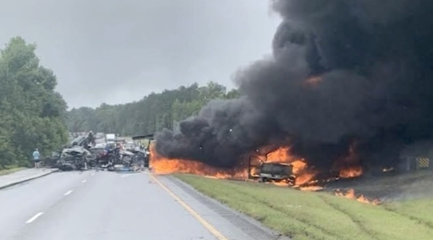 A video screenshot showing the aftermath of a multi-vehicle crash on Interstate 65 in Alabama on June 20, 2021. (CNN)