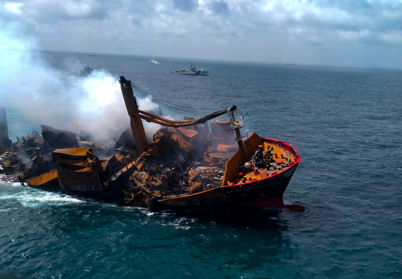 Smoke rises from a fire onboard the MV X-Press Pearl vessel as it sinks while being towed into deep sea off the Colombo Harbour, in Sri Lanka, on June 2, 2021. (Sri Lanka Airforce Media/via Reuters)