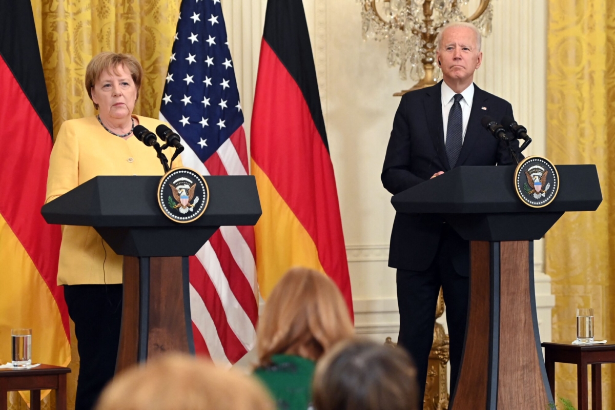 President Joe Biden and German Chancellor Angela Merkel hold a joint press conference in the East Room of the White House in Washington, D.C., on July 15, 2021. (Saul Loeb/AFP via Getty Images)