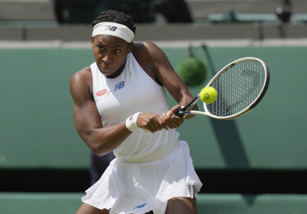 Coco Gauff of the United States plays a return to Slovenia's Kaja Juvan during the women's singles third-round match on day six of the Wimbledon Tennis Championships in London, on July 3, 2021. (Alastair Grant/AP Photo)