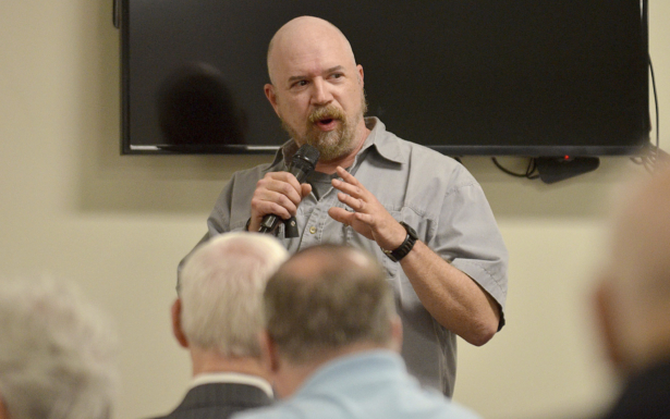 Terre Haute Police Det. Greg Ferency gives a presentation during the protecting places of worship forum at St. George's Orthodox Church in Terre Haute, Ind., on April 12, 2019. (Joseph C. Garza/The Tribune-Star via AP)