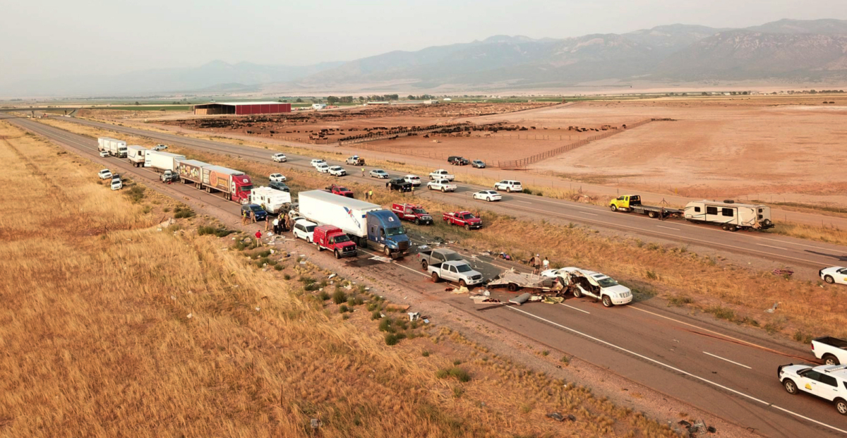 The scene of a fatal pileup is seen on Interstate 15 in Millard County, near the town of Kanosh, Utah, on July 25, 2021. (Utah Highway Patrol via AP)