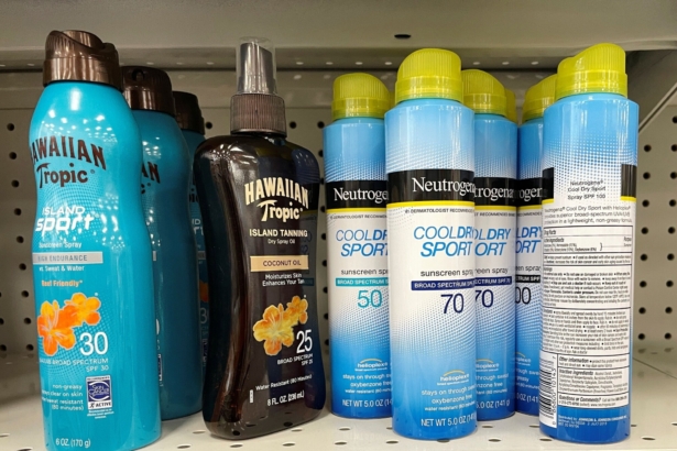 Johnson & Johnson’s Neutrogena Cool Dry Sport sunscreen, which is part of a voluntary recall of five Neutrogena and Aveeno brand aerosol sunscreen products after a cancer-causing chemical was detected in some samples, sits on a shelf at a store in Gloucester, Mass., on July 15, 2021. (Brian Snyder/Reuters)