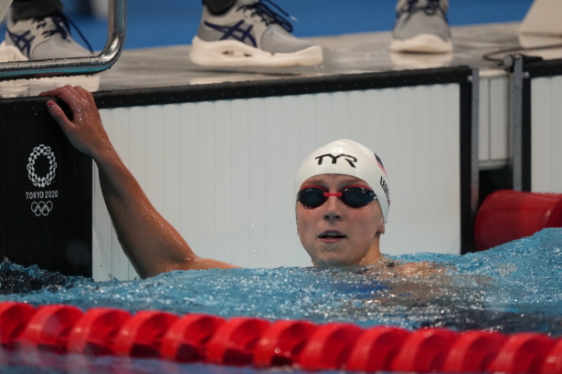 Katie Ledecky, of the United States, reacts following her heat of the women's 400-meter freestyle at the 2020 Summer Olympics in Tokyo, Japan, on July 25, 2021. (Matthias Schrader/AP)