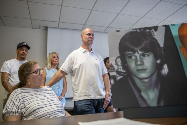 Richard Wershe Jr., center, a former FBI and Detroit police informant known as "White Boy Rick," attends a news conference with friends and family at the Penobscot Building, in Detroit, on July 20, 2021. (David Guralnick/The Detroit News via AP)