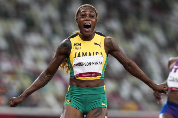 Elaine Thompson-Herah, of Jamaica, wins the women's 100-meter final at the 2020 Summer Olympics, in Tokyo, on July 31, 2021. (Martin Meissner/AP Photo)