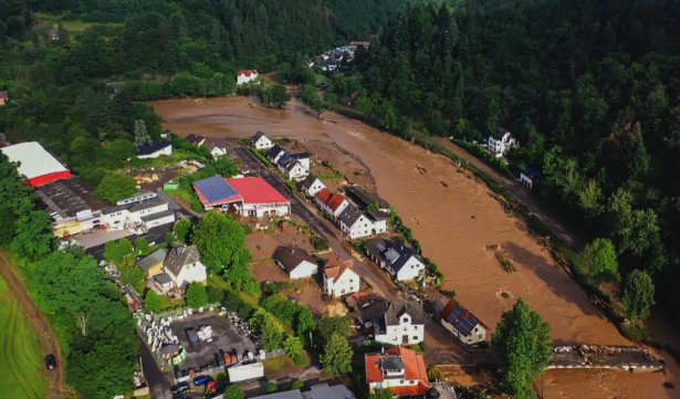A photo, taken with a drone, shows the devastation caused by the flooding of the Ahr River in the Eifel village of Schuld, western Germany, on July 15, 2021. (Christoph Reichwein/dpa via AP)