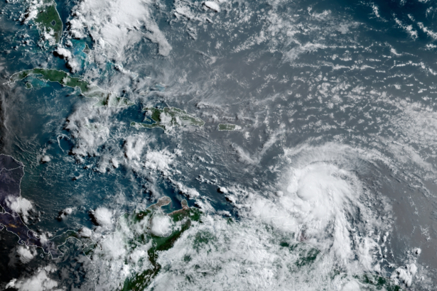 This satellite image shows Hurricane Elsa moving through the Caribbean, over Barbados, on July 2, 2021, at 12:00 Z (8am a.m. ET. (NOAA/NESDIS/Star Goes Via AP)