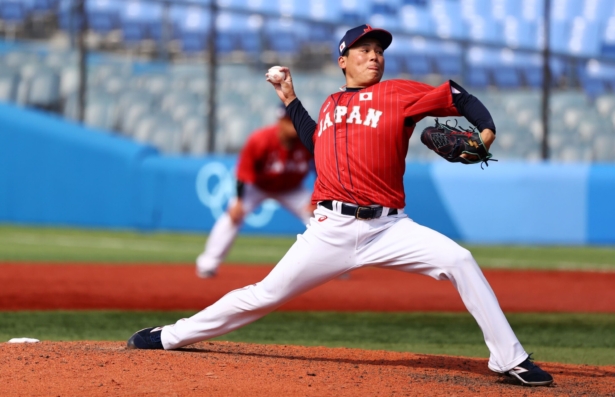 Ryoji Kuribayashi of Japan in action in the Japan v Mexico Opening Round at Yokohama Baseball Stadium, Yokohama, Japan on July 31, 2021. (Jorge Silva/Reuters)