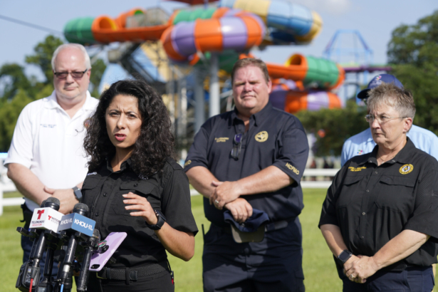 Harris County Judge Lina Hidalgo speaks to the media after a chemical leak at Six Flags Hurricane Harbor Splashtown in Spring, Texas, on July 17, 2021. (Melissa Phillip/Houston Chronicle via AP)