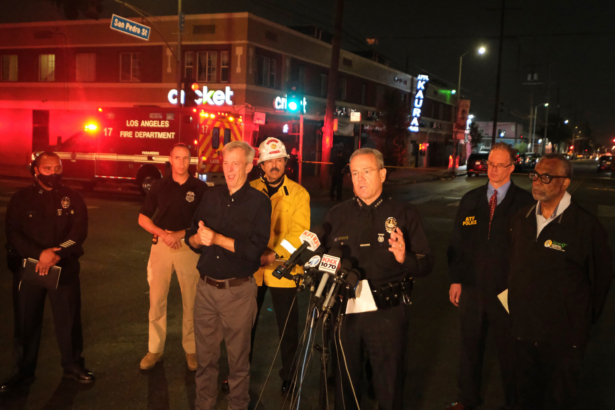 Michel Moore (C) chief of the Los Angeles Police Department, talks to the media after illegal fireworks seized at a South Los Angeles home exploded, in South Los Angeles, Calif., on June 30, 2021. (Ringo H.W. Chiu/AP Photo)