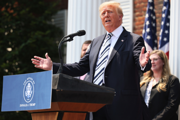 Former U.S. President Donald Trump speaks during a press conference announcing a class action lawsuit against big tech companies at the Trump National Golf Club Bedminster in Bedminster, New Jersey, on July 07, 2021. (Michael M. Santiago/Getty Images)