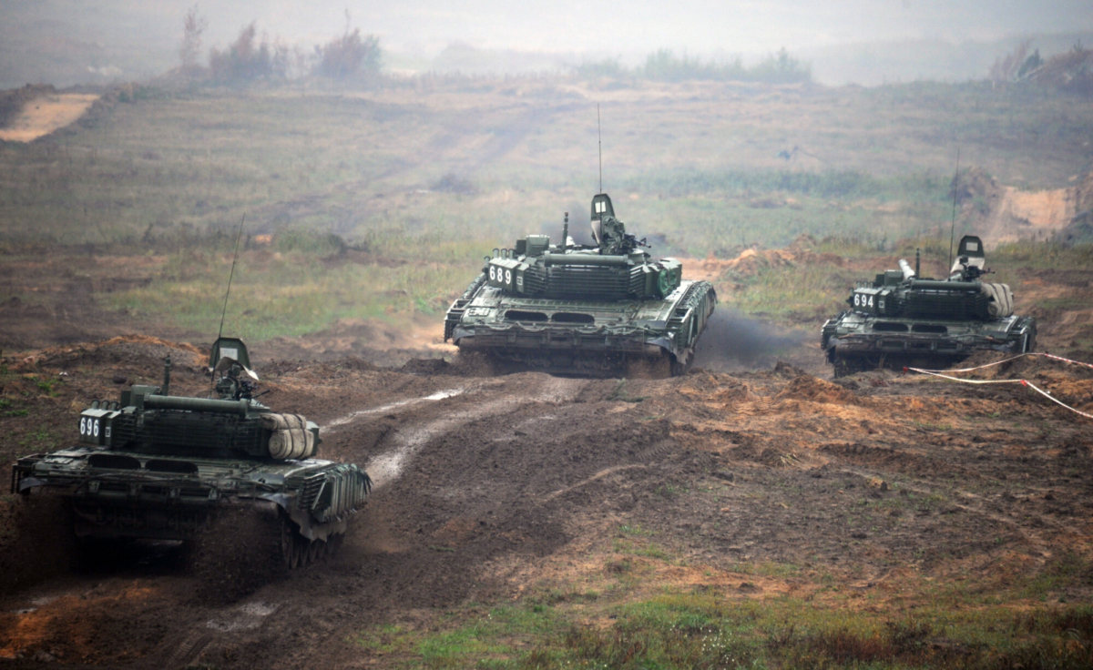 Tanks take part in the joint Russian-Belarusian military exercises Zapad-2017 (West-2017) at a training ground near the town of Borisov on Sept. 20, 2017. (Sergei Gapon/AFP via Getty Images)