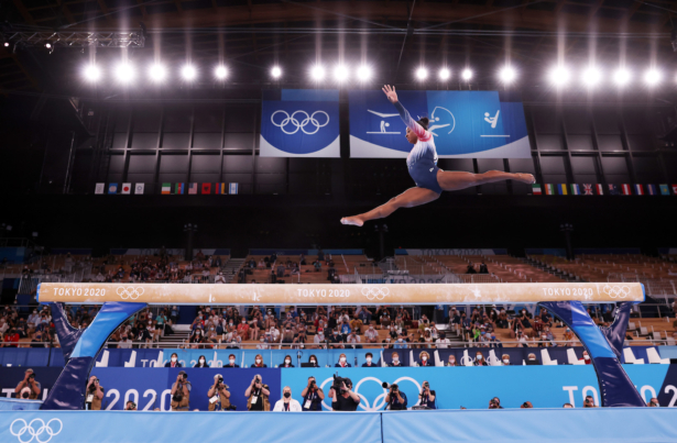 Simone Biles of Team USA competes in the Women's Balance Beam Final on day eleven of the Tokyo 2020 Olympic Games at Ariake Gymnastics Centre in Tokyo, Japan, on Aug. 3, 2021. (Jamie Squire/Getty Images)