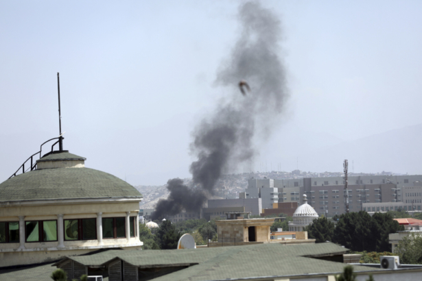 Smoke rises next to the U.S. Embassy in Kabul, Afghanistan, on Aug. 15, 2021. (Rahmat Gul/AP Photo)