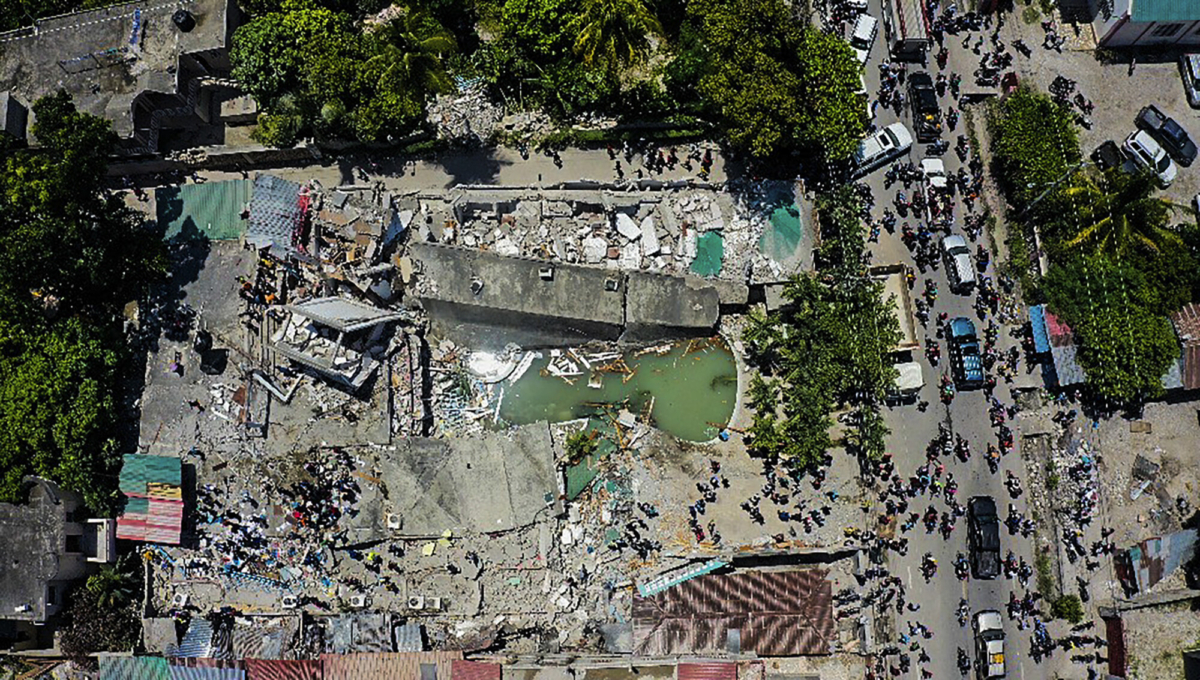 An aerial view of the Hotel Le Manguier destroyed by an earthquake, in Les Cayes, Haiti, on Aug. 14, 2021. (Ralph Tedy Erol/AP Photo)