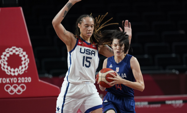 Serbia's Dragana Stankovic (14), right, drives ahead of United States' Brittney Griner (15) during women's basketball semifinal game at the 2020 Summer Olympics in Saitama, Japan, on Aug. 6, 2021. (Eric Gay/AP Photo)