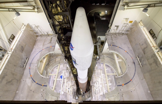 This photo provided by NASA shows the United Launch Alliance Atlas V rocket with the Landsat 9 satellite onboard at Vandenberg Space Force Base in Calif., on Monday, Sept. 27, 2021. (Bill Ingalls/NASA via AP)