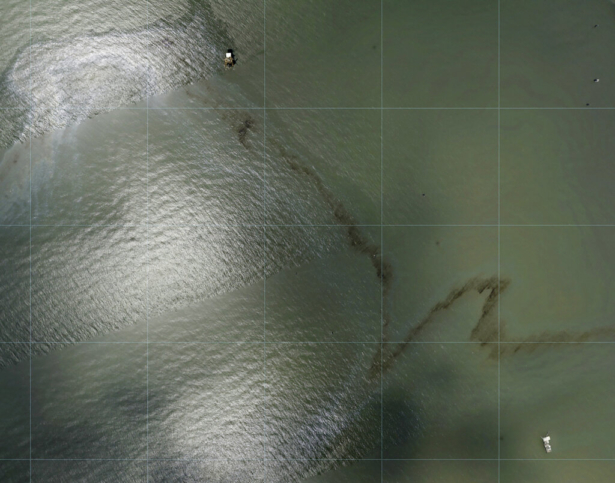 A miles long black slick floating in the Gulf of Mexico, on Aug. 31, 2021. (NOAA via AP)