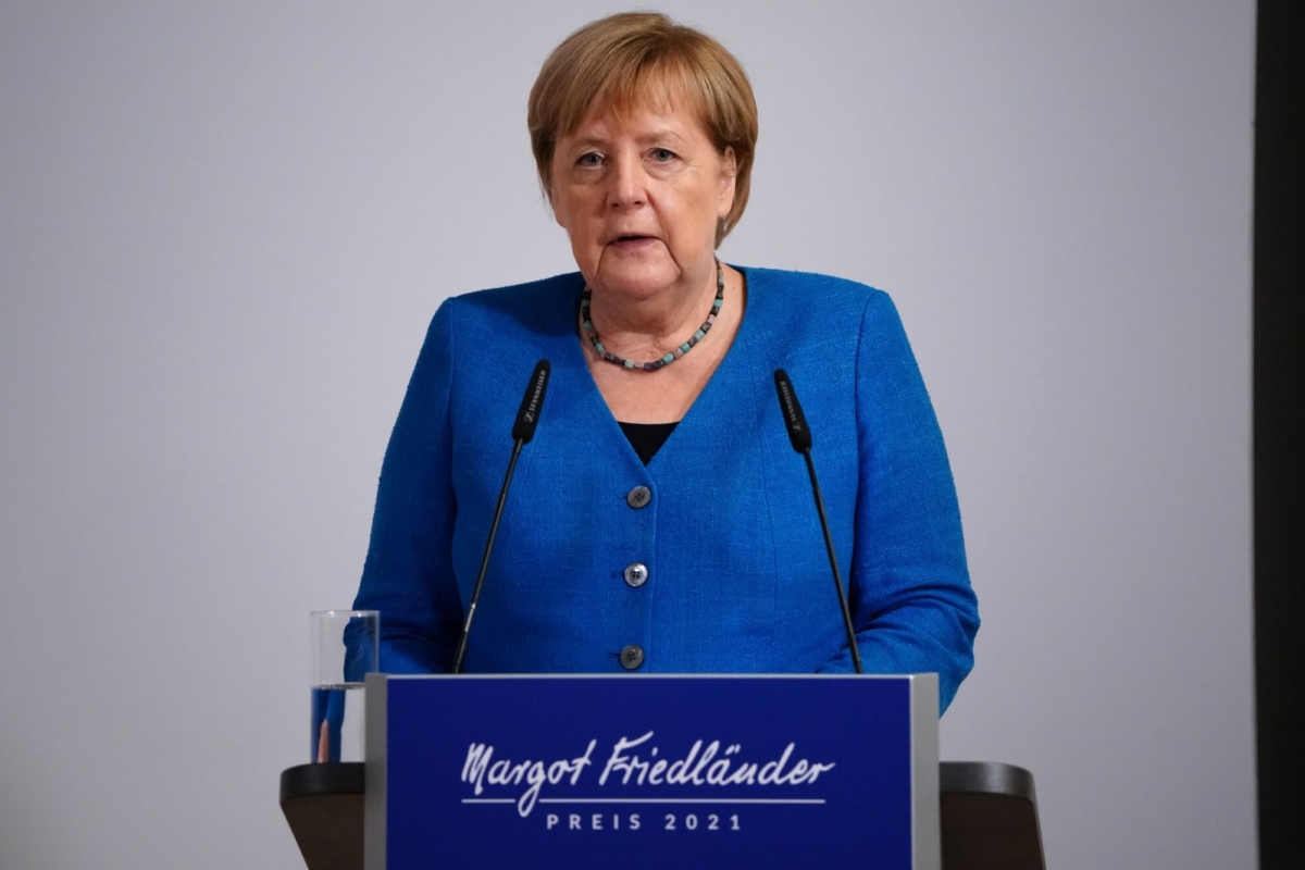 German Chancellor Angela Merkel delivers a speech during the awarding ceremony of the Margot Friedlaender Award in Berlin, Germany, on Sept. 20, 2021. (Clemens Bilan/Pool/Getty Images)