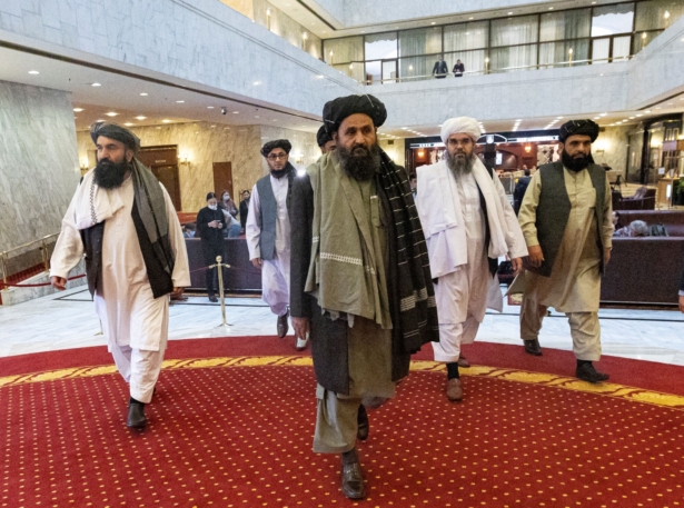 Mullah Abdul Ghani Baradar (C), the Taliban's deputy leader and negotiator, and other delegation members attend the Afghan peace conference in Moscow on March 18, 2021. (Alexander Zemlianichenko/POOL/AFP via Getty Images)