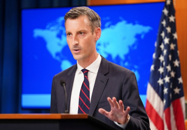 U.S. State Department spokesman Ned Price holds a press briefing on Afghanistan at the State Department in Washington on Aug. 16, 2021. (Kevin Lamarque/POOL/ AFP via Getty Images)