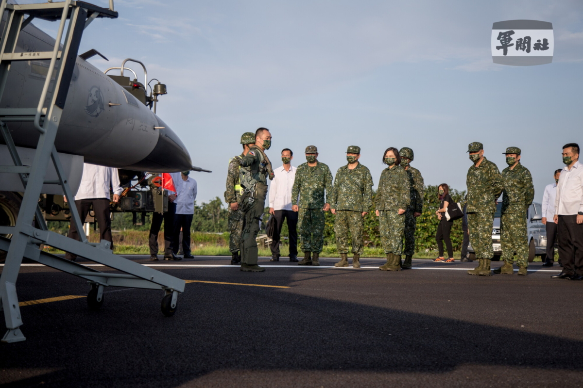 President Tsai Ing-wen attends a Taiwanese Air Force fighter jets take-off and landing drill, as part of the annual Han Kuang drill, in Pingtung, Taiwan, on Sept. 15, 2021. (Taiwan Military News Agency/Handout via Reuters)