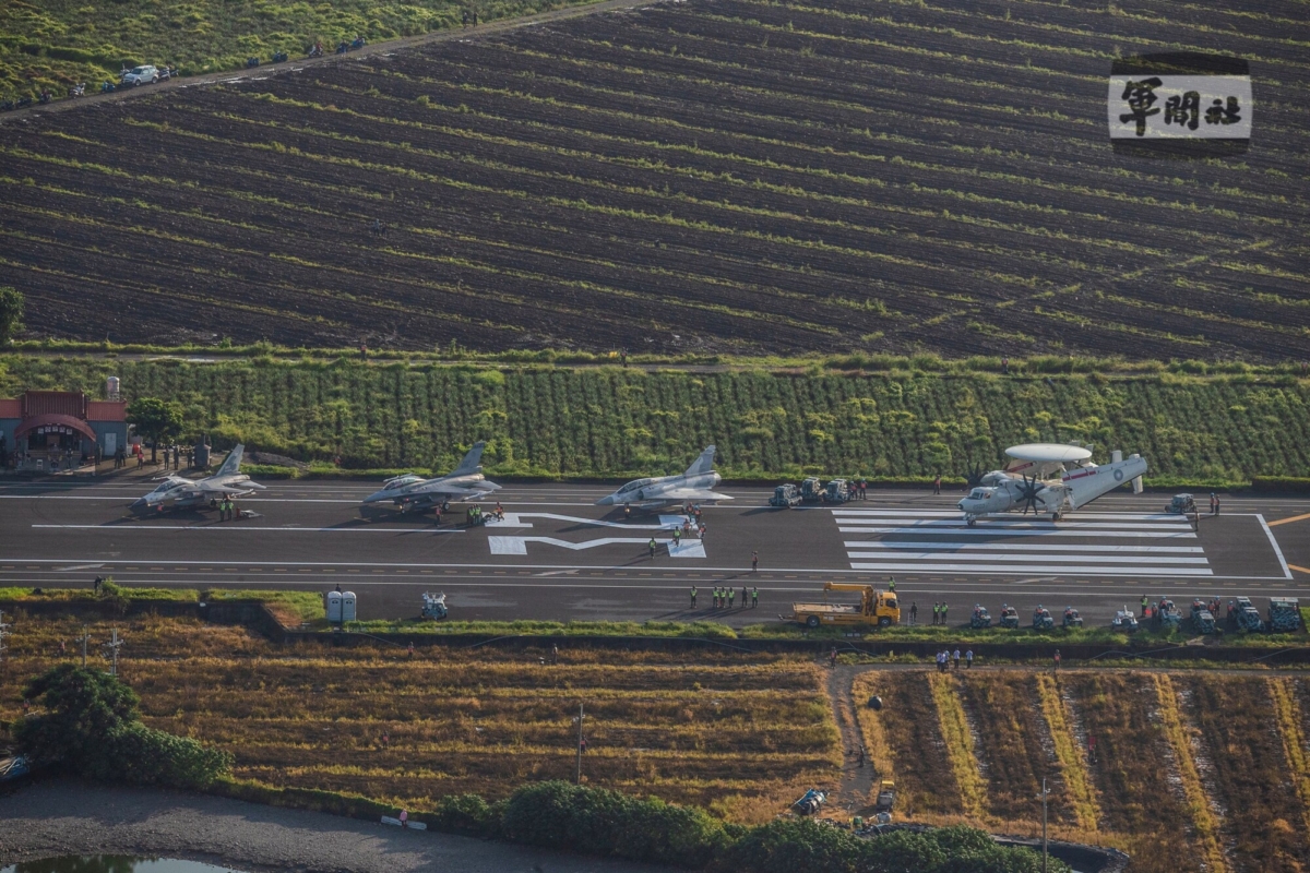 Taiwanese Air Force fighter jets park on a highway that is converted as a runway during the take-off and landing drill as part of the annual Han Kuang drill in Pingtung, Taiwan, on Sept. 15, 2021. (Taiwan Military News Agency/Handout via Reuters)