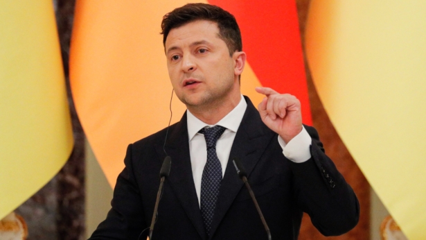 Ukrainian President Volodymyr Zelensky gives a joint news conference at the Mariinsky palace in Kyiv on Aug. 22, 2021. (Sergey Dolzhenko/POOL/AFP via Getty Images)