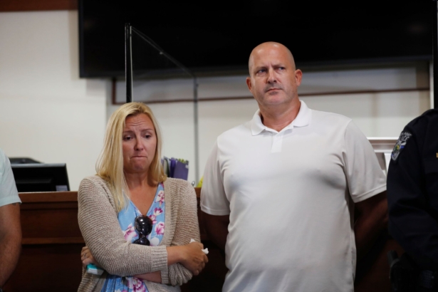Tara Petito (L) and Joe Petito react while the City of North Port Chief of Police Todd Garrison speaks during a news conference for their missing daughter Gabby Petito in North Port, Fla., on Sept.16, 2021. (Octavio Jones/Getty Images)