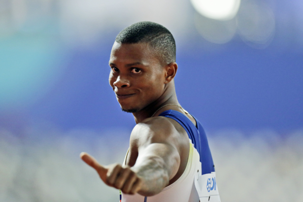 Alex Quiñónez of Ecuador gestures after a men's 200 meter heat at the World Athletics Championships in Doha, Qatar, Sept. 29, 2019. (Petr David Josek/AP Photo)