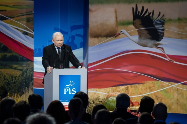 Jaroslaw Kaczynski, leader of Poland's ruling Law and Justice (PiS) party, speaks during the party's campaign convention in Kielce, Poland, on Oct. 9, 2019. (Wojtek Radwanski/AFP via Getty Images)