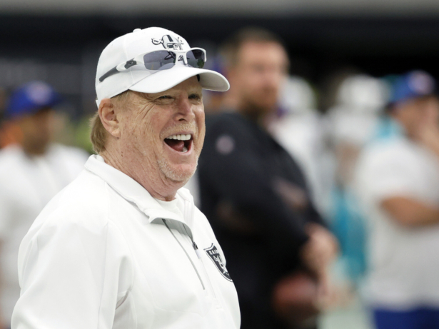 Las Vegas Raiders owner and managing general partner Mark Davis watches his team warm up before a game against the Miami Dolphins at Allegiant Stadium in Las Vegas, Nevada, on Sept. 26, 2021. (Ethan Miller/Getty Images)