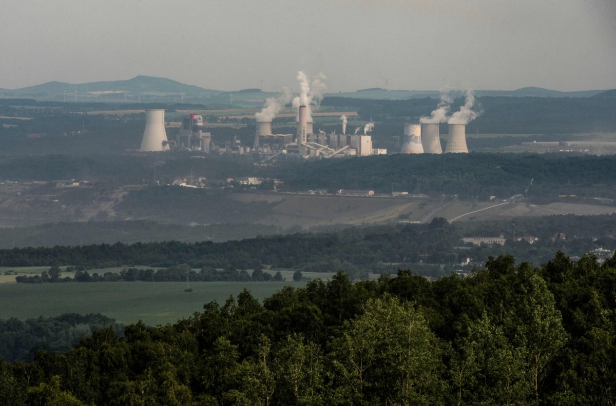 The Polish coal-fired power plant Turow is seen from a hill near Vitkov village in the Czech Republic on June 28, 2021. (Michael Cizek/AFP via Getty Images)
